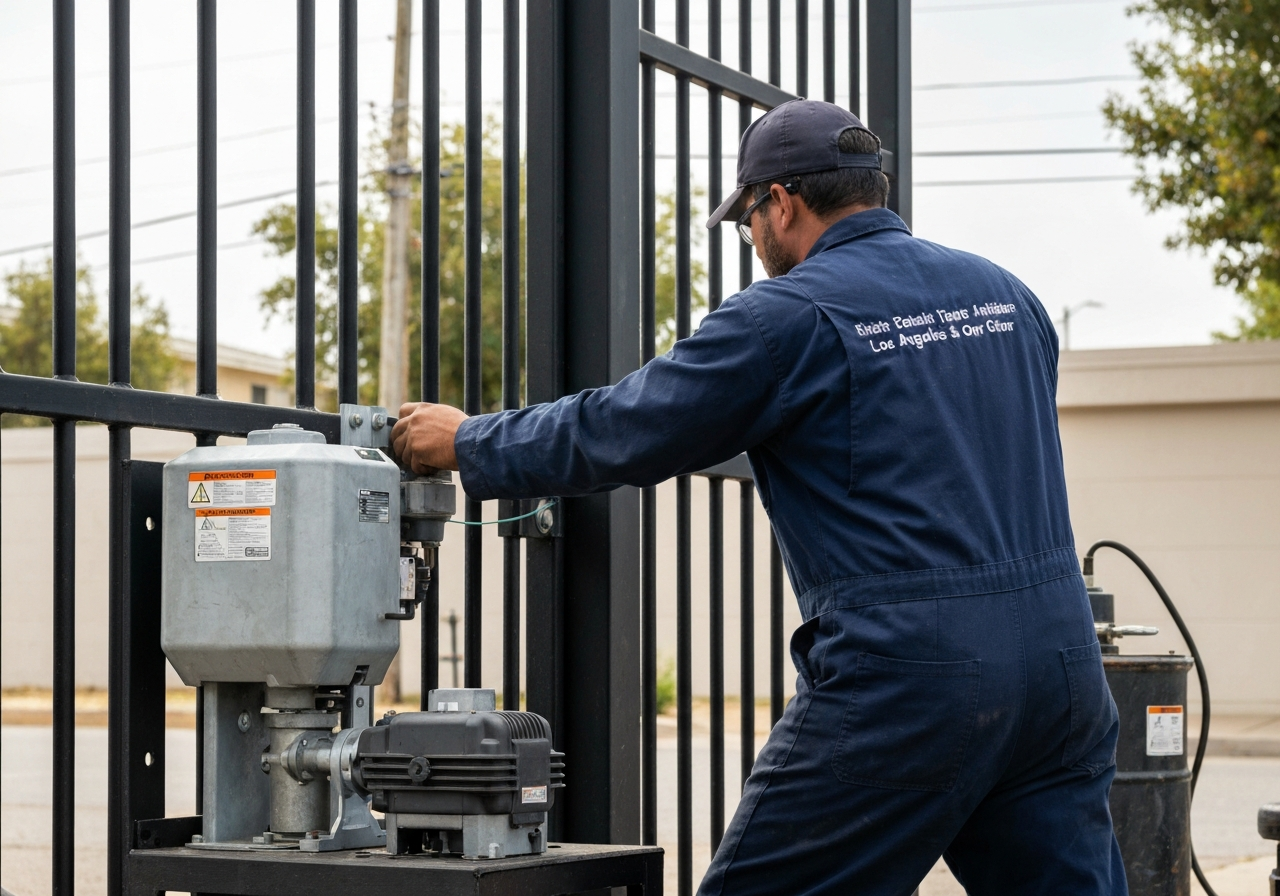 Gate motor and opener repair by technician in uniform