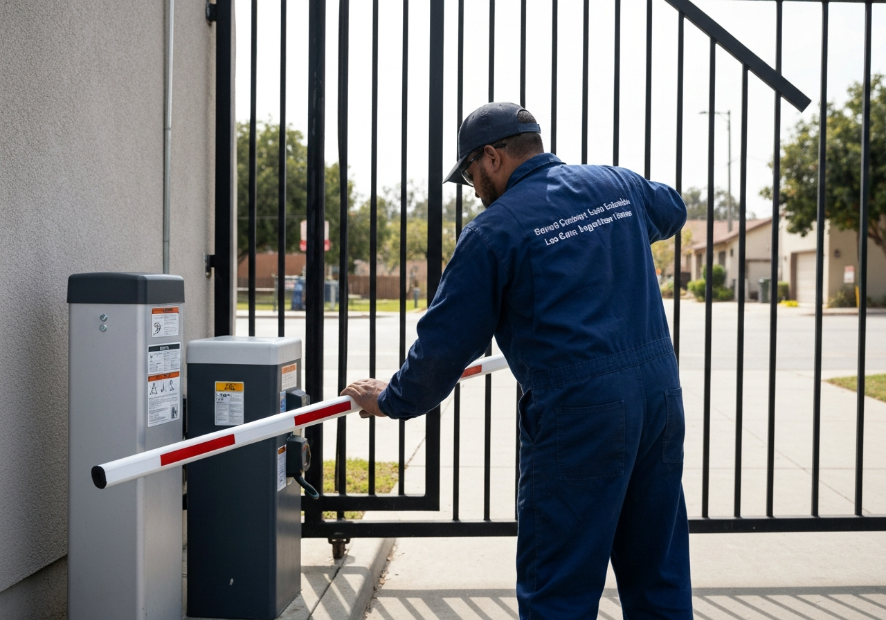 Technician adjusting gate access control system barrier arm